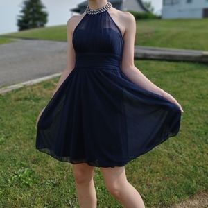 Navy blue fit and flare formal dress by speechless